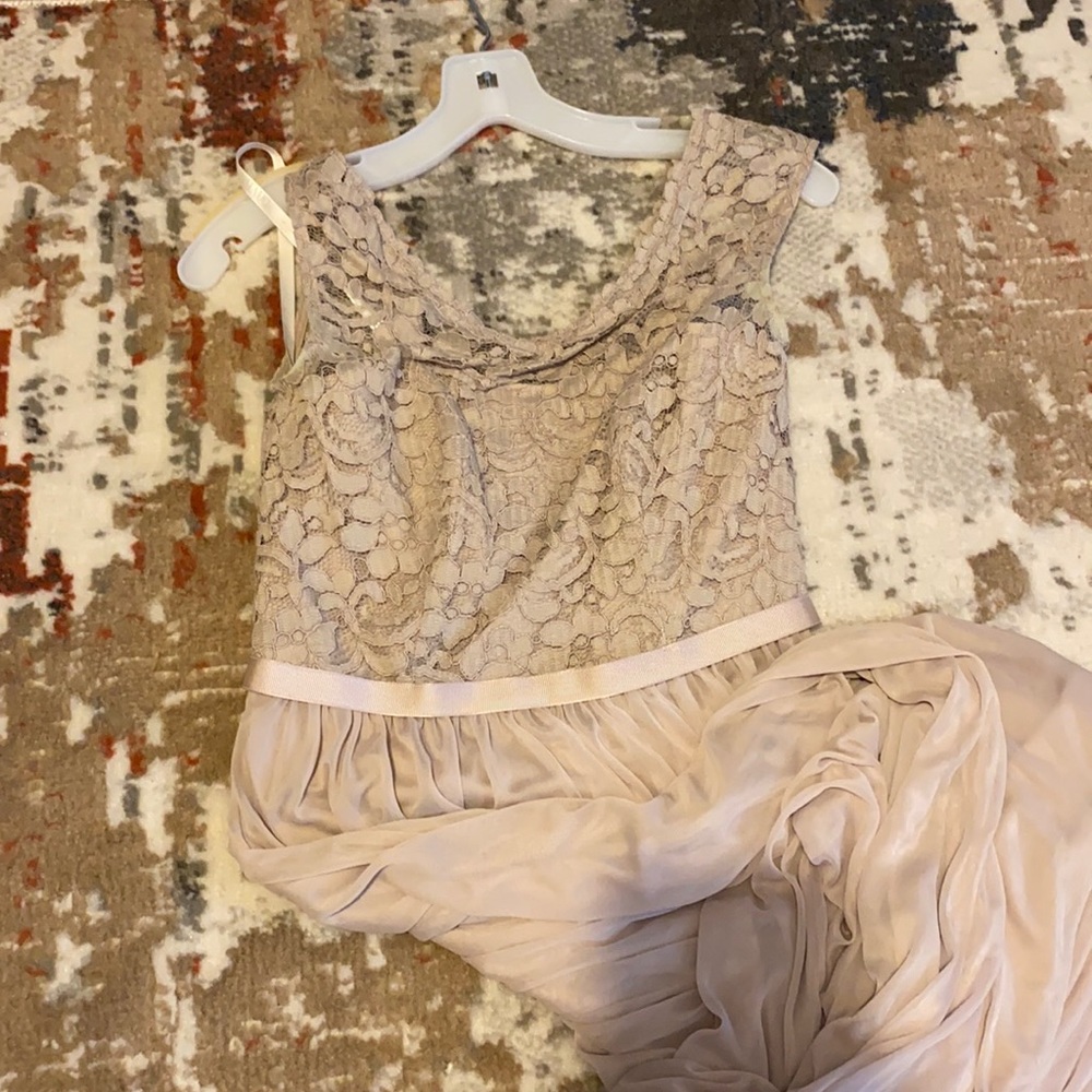 Floor length bridesmaid dress. Taupe/beige color